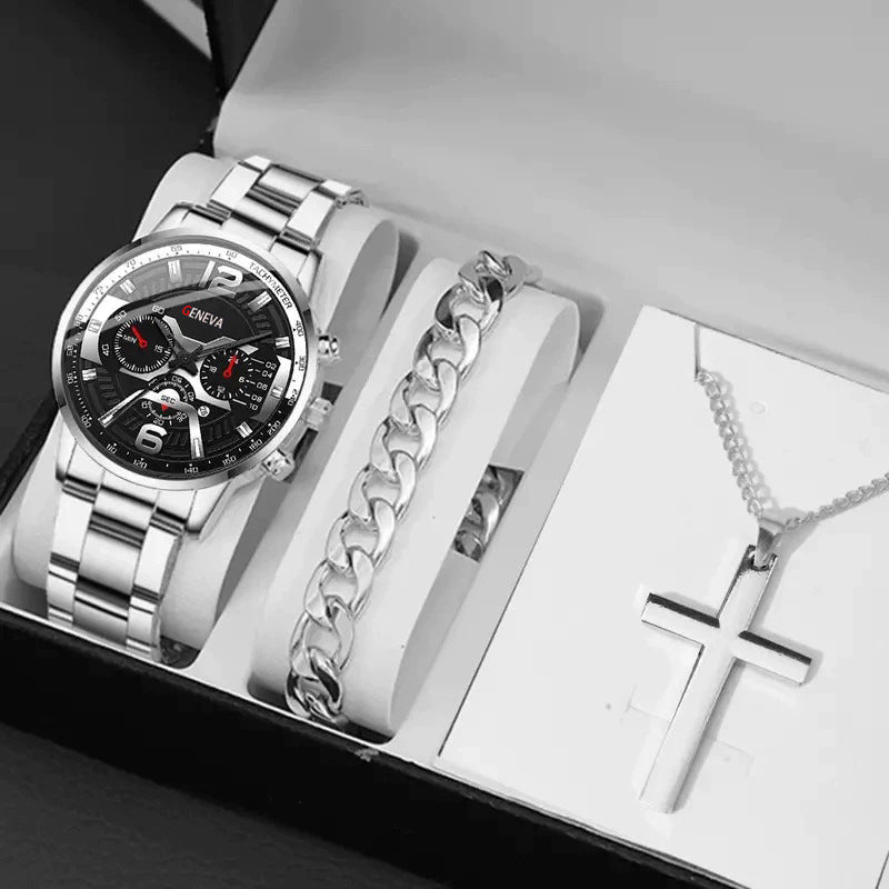 Men's Bracelet Cross Necklace And Watch Set - 3-Piece Jewelry Gift Set | Prime Care
