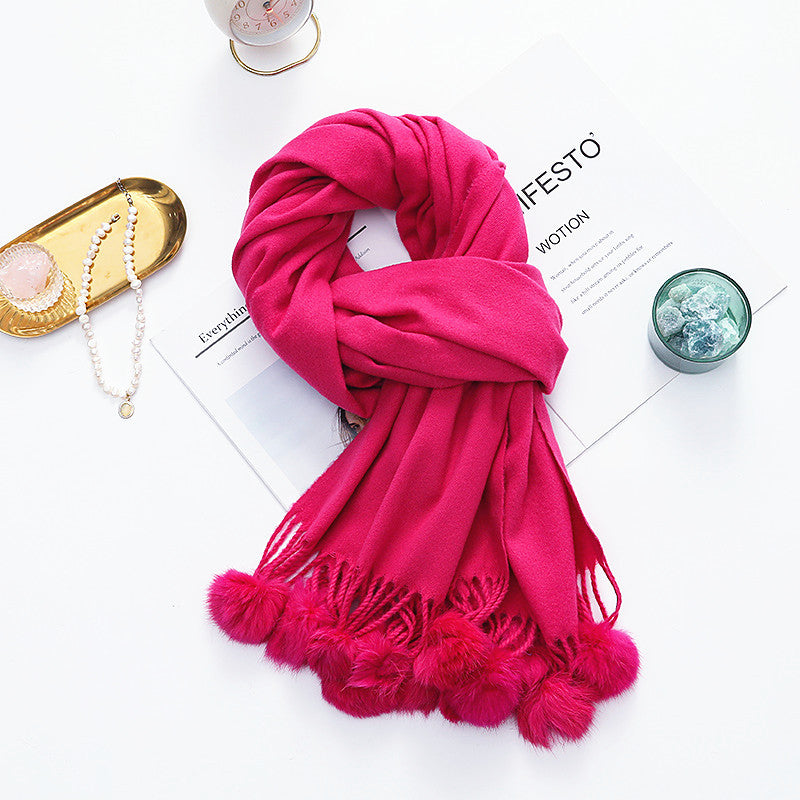Versatile New-Style Womens Cape With Pompoms Cashmere And Wool Scarf | Prime Care