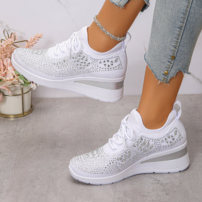 Rhinestone Wedge Sneakers for Women - Fashion Lace Up Platform Shoes | Prime Care