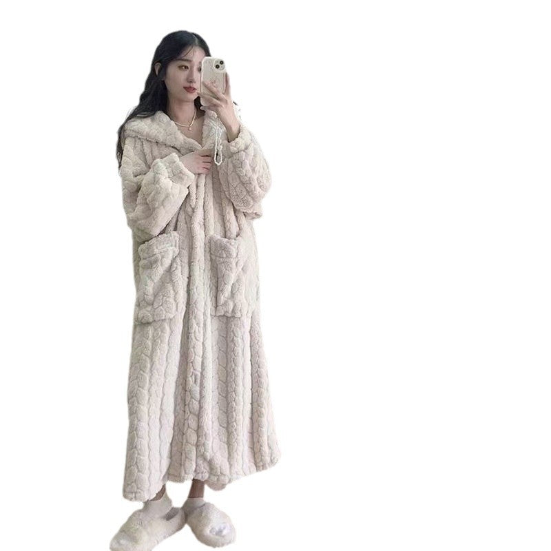 Fleece Night Gown - Jacquard Hooded Women's Nightgown 520g | Prime Care
