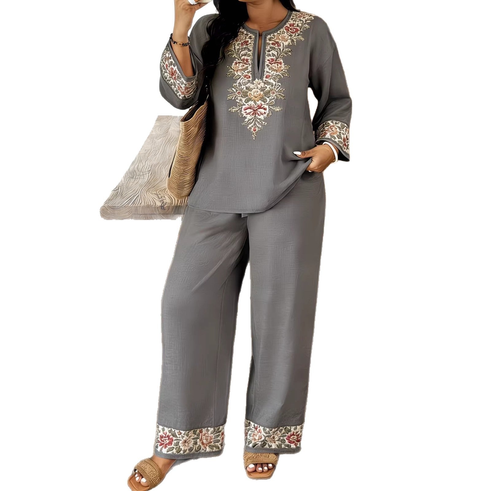 Women's 3D Floral Print Bohemian Two-Piece Set – Long Sleeve Top & Cropped Trousers