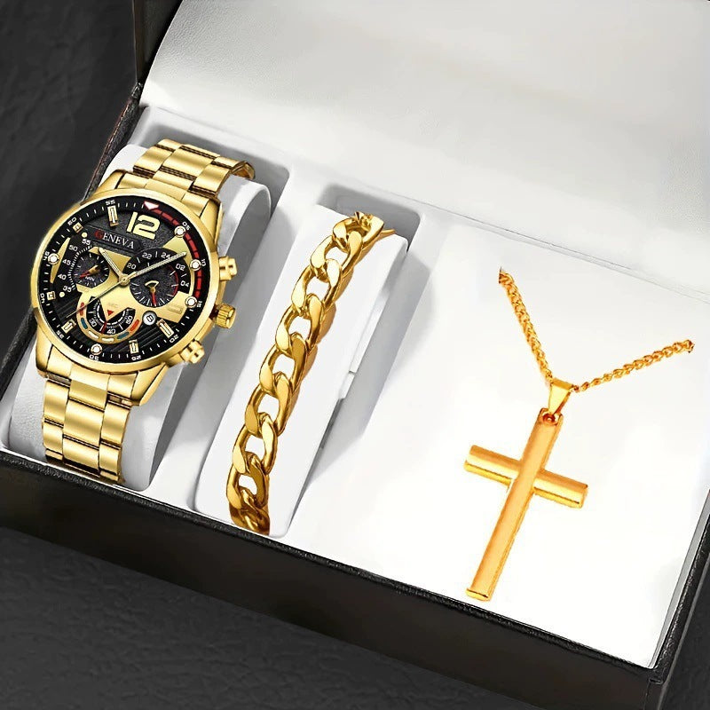 Men's Bracelet Cross Necklace And Watch Set - 3-Piece Jewelry Gift Set | Prime Care