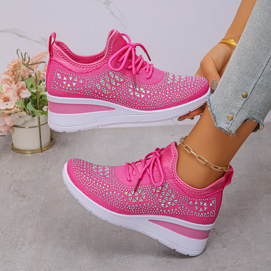 Rhinestone Wedge Sneakers for Women - Fashion Lace Up Platform Shoes | Prime Care
