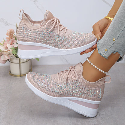 Rhinestone Wedge Sneakers for Women - Fashion Lace Up Platform Shoes | Prime Care