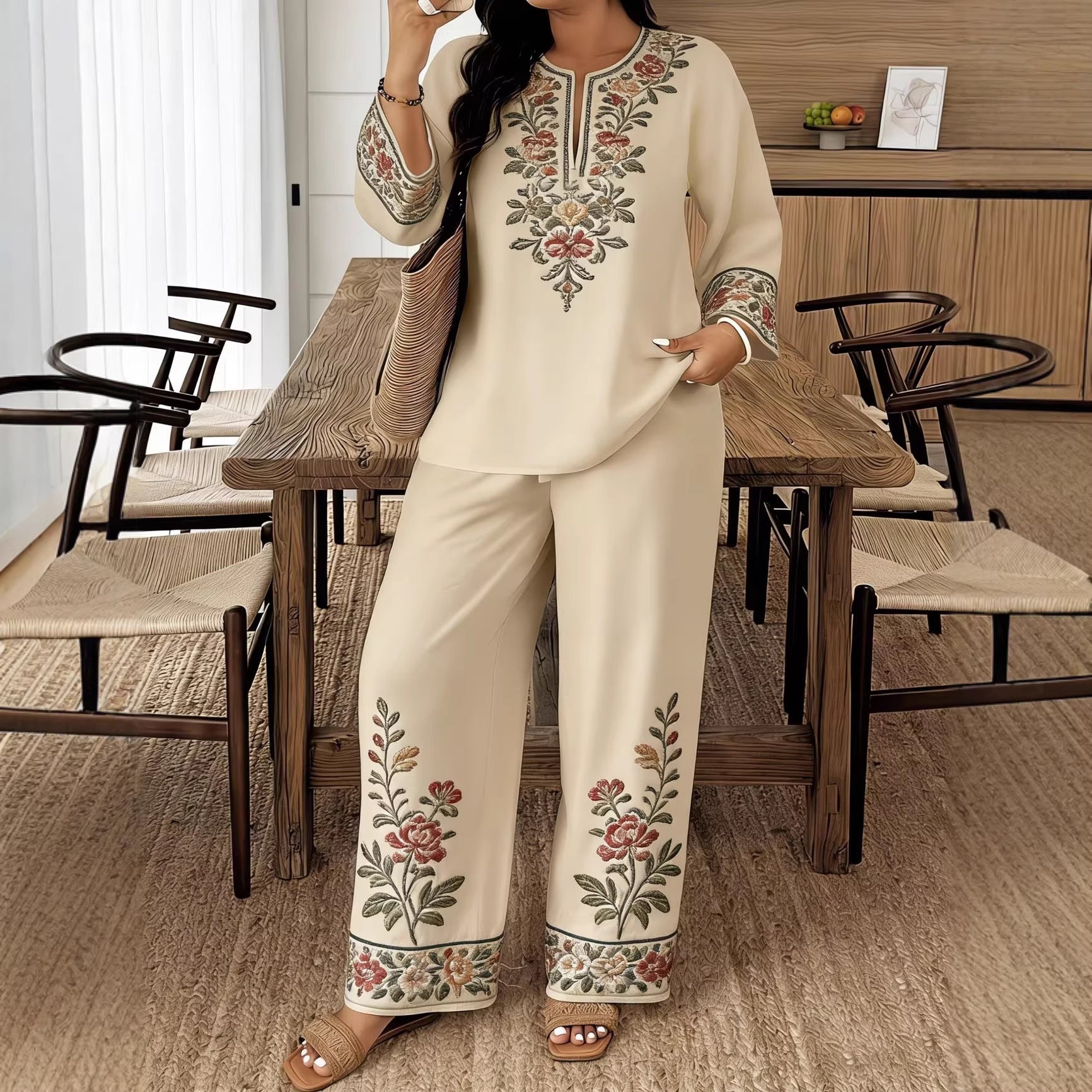 Women's 3D Floral Print Bohemian Two-Piece Set – Long Sleeve Top & Cropped Trousers
