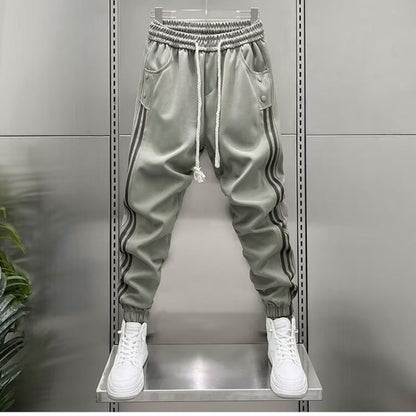 Mens Spring Summer Patchwork Vertical-Stripe Casual Elastic-Waist Fashion Ankle-Fit Pants | Prime Care