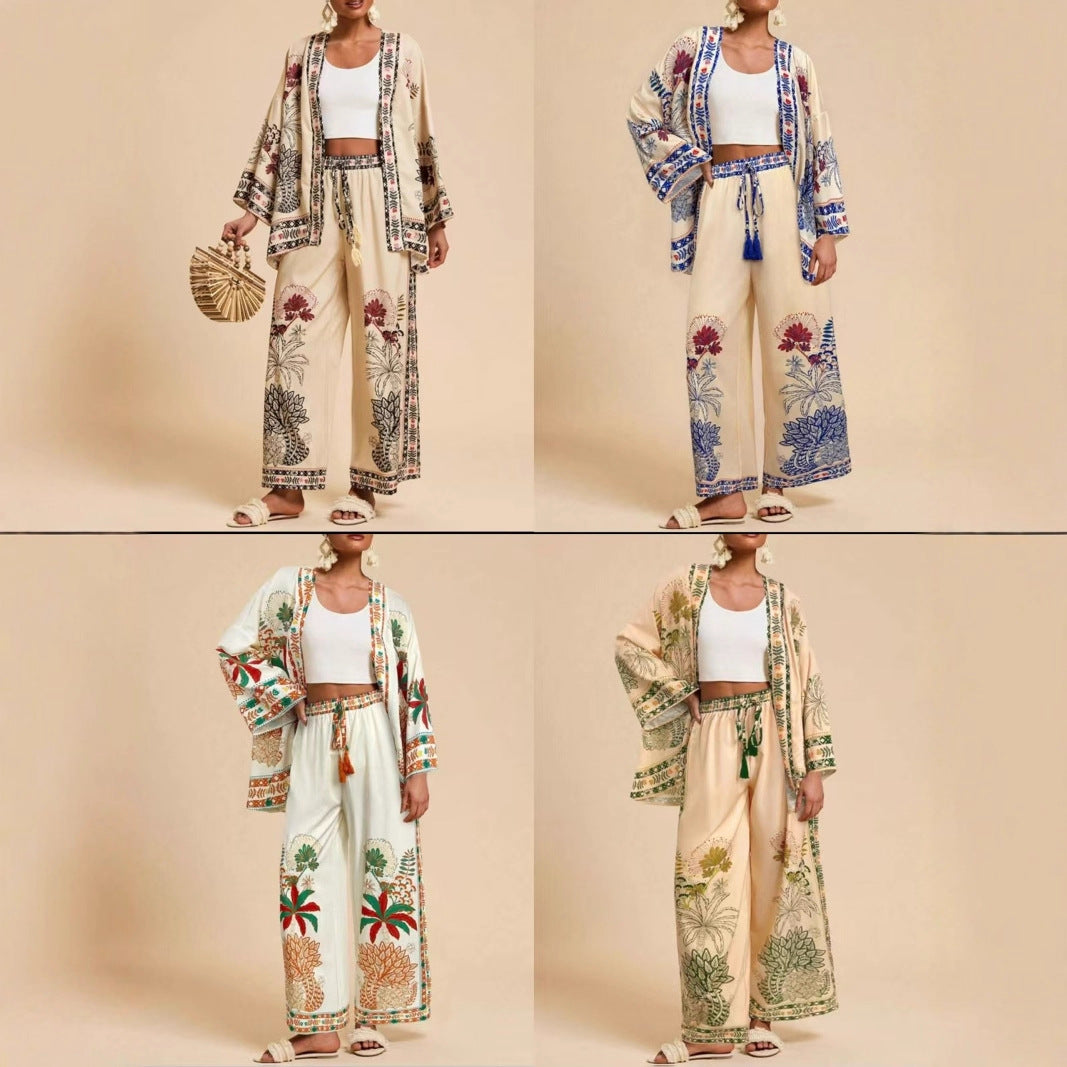 Women's Floral Print Cardigan & Wide-Leg Pants Set – Long Sleeve Vacation Two-Piece