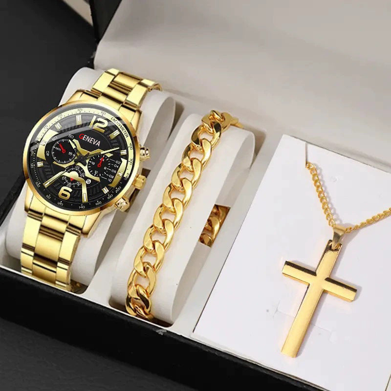 Men's Bracelet Cross Necklace And Watch Set - 3-Piece Jewelry Gift Set | Prime Care
