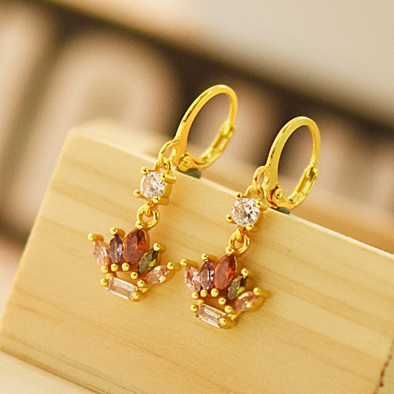 18k Gold-plated Crown Earrings With Colored Gemstones - Elegant Jewelry | Prime Care