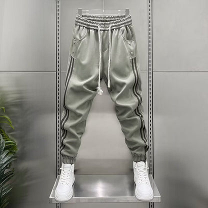 Mens Spring Summer Patchwork Vertical-Stripe Casual Elastic-Waist Fashion Ankle-Fit Pants | Prime Care
