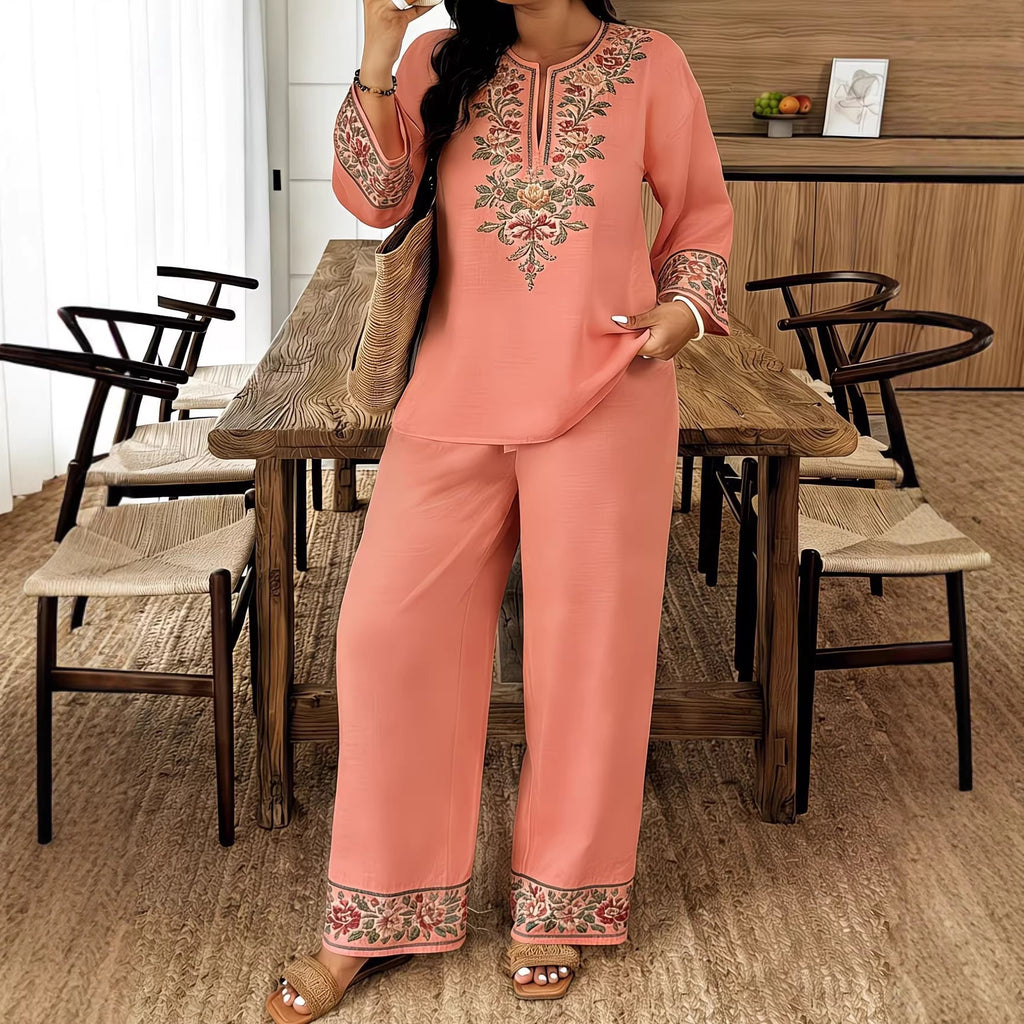 Women's 3D Floral Print Bohemian Two-Piece Set – Long Sleeve Top & Cropped Trousers