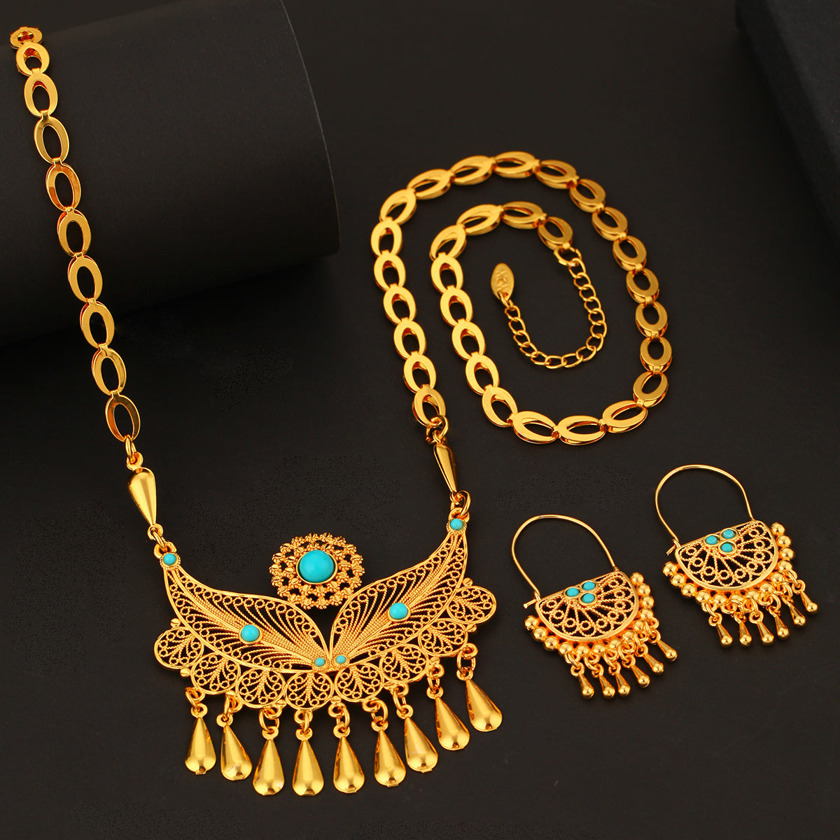 3pcs Water Droplet Tassel 18k Gold Plated Necklace Earring Set - Party Jewelry | Prime Care