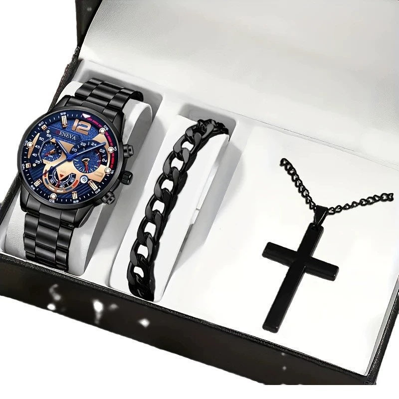 Men's Bracelet Cross Necklace And Watch Set - 3-Piece Jewelry Gift Set | Prime Care