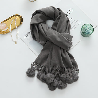 Versatile New-Style Womens Cape With Pompoms Cashmere And Wool Scarf | Prime Care