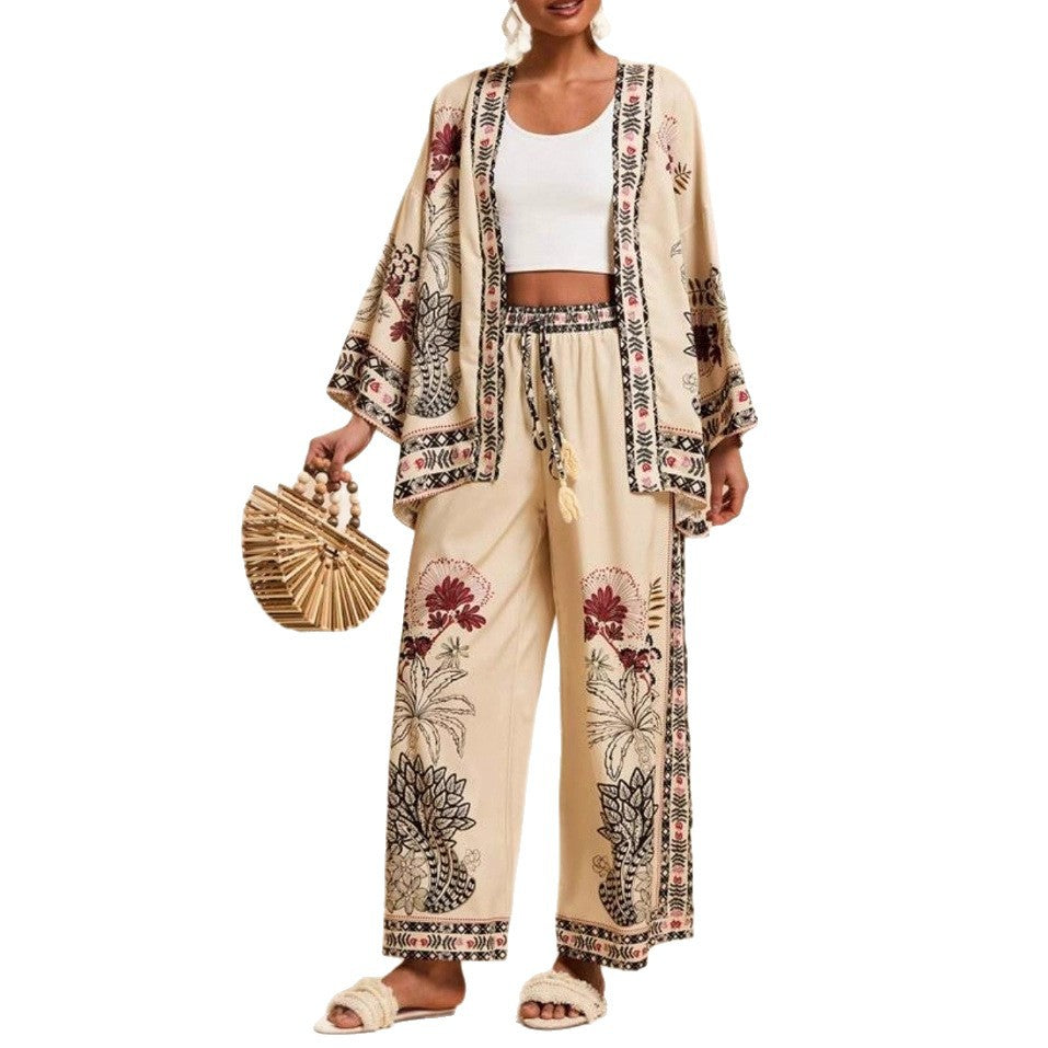 Women's Floral Print Cardigan & Wide-Leg Pants Set – Long Sleeve Vacation Two-Piece