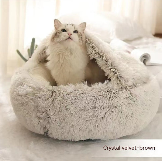 2 in 1 Dog Cat Bed - Plush Round Pet Bed Winter Warm House | Prime Care