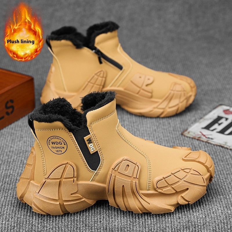 Men's Fleece-Lined Martin Boots – Solid Colour Tooling Side Zip High-Top
