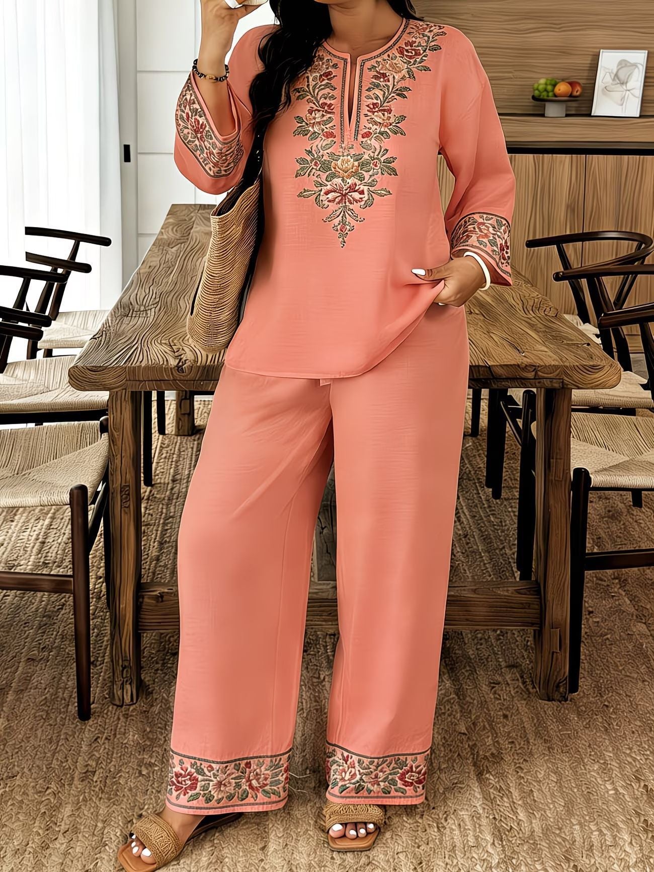 Women's 3D Floral Print Bohemian Two-Piece Set – Long Sleeve Top & Cropped Trousers