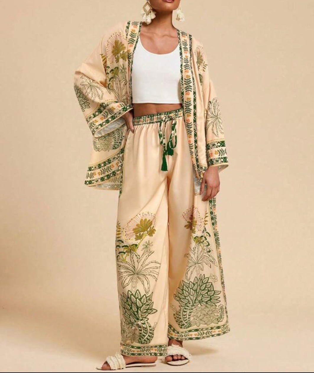 Women's Floral Print Cardigan & Wide-Leg Pants Set – Long Sleeve Vacation Two-Piece