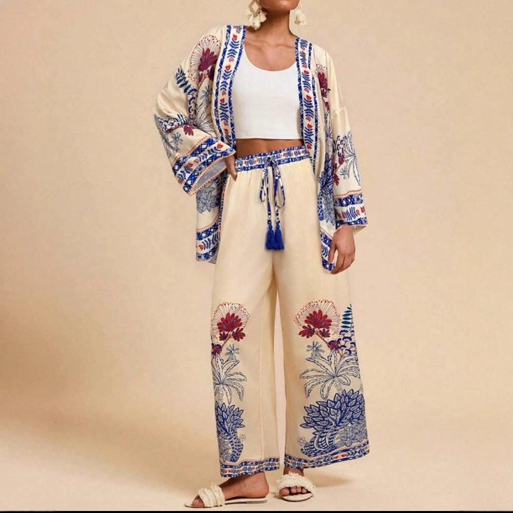 Women's Floral Print Cardigan & Wide-Leg Pants Set – Long Sleeve Vacation Two-Piece