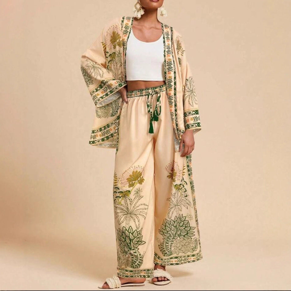 Women's Floral Print Cardigan & Wide-Leg Pants Set – Long Sleeve Vacation Two-Piece