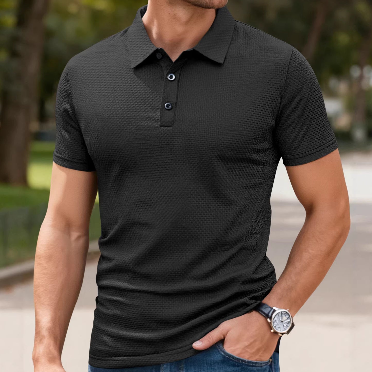 Mens Cool-Feel Short-Sleeve Lapel Button T-Shirt - Breathable Summer Polo 273g | Prime Care