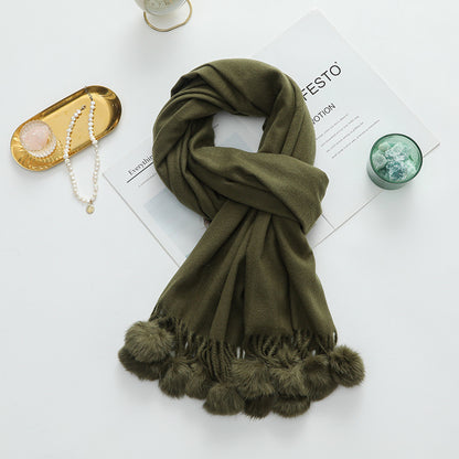 Versatile New-Style Womens Cape With Pompoms Cashmere And Wool Scarf | Prime Care