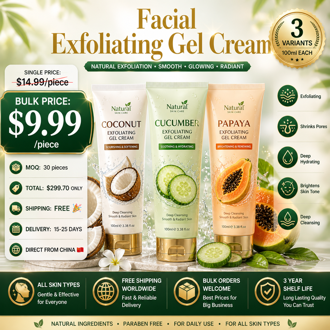 🌿 Cucumber Coconut Papaya Facial Exfoliating Gel — Direct From China 🇨🇳