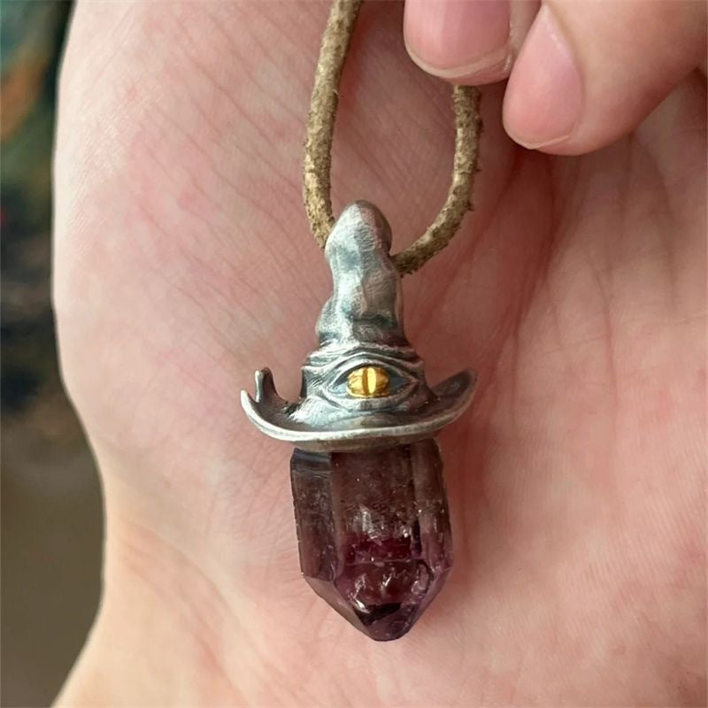 Retro Natural Amethyst Hexagonal Column Witch Hat Pendant Niche Unique Simple Pendant