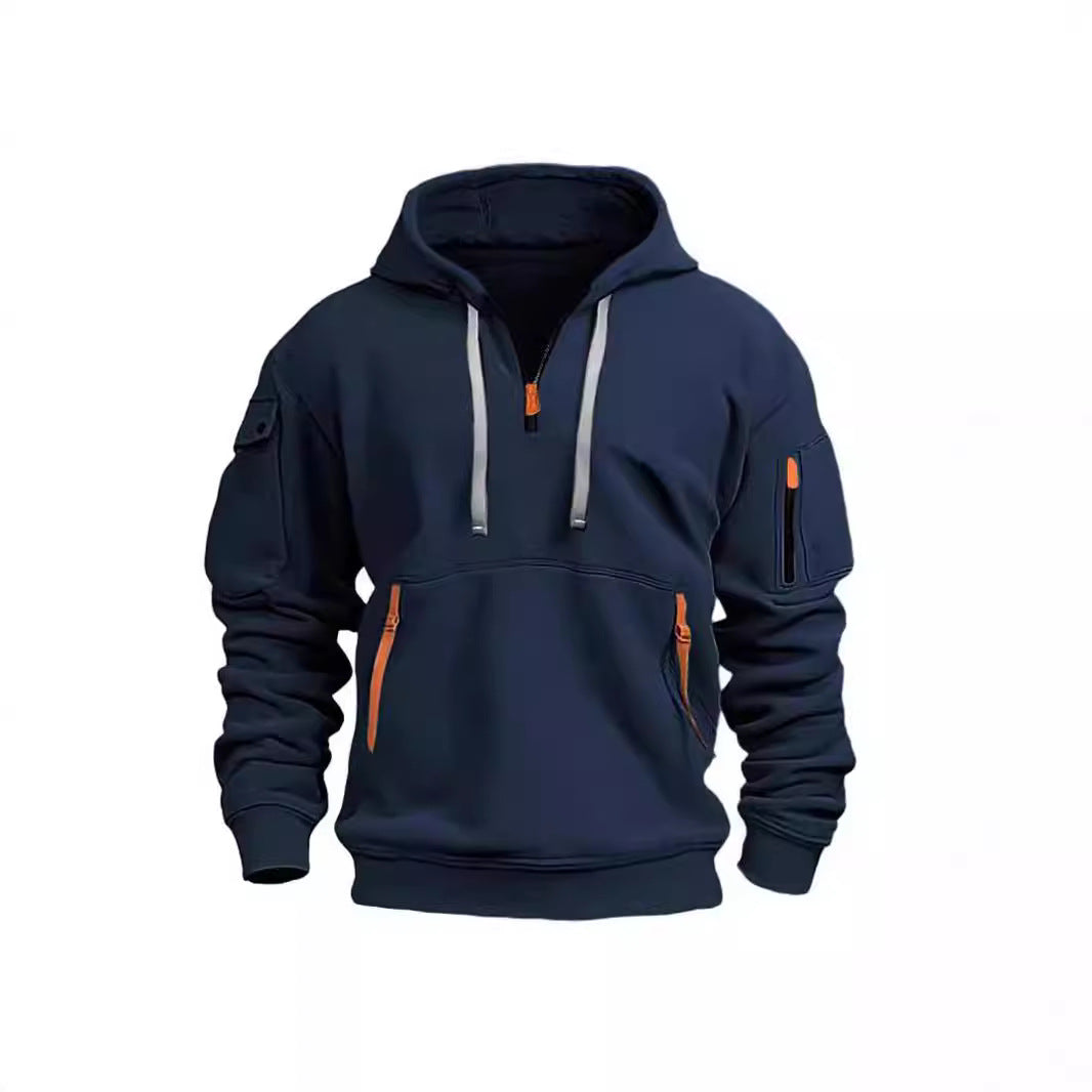 Men's Sports And Leisure Sweatshirt Hooded Pullover Zipper Multi-Flap Pocket Pants Men's Sweatshirt Jacket