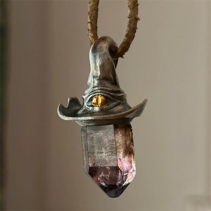 Retro Natural Amethyst Hexagonal Column Witch Hat Pendant Niche Unique Simple Pendant