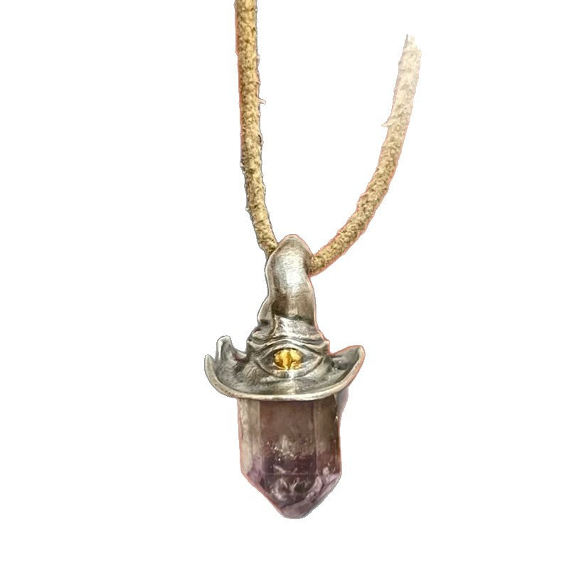 Retro Natural Amethyst Hexagonal Column Witch Hat Pendant Niche Unique Simple Pendant
