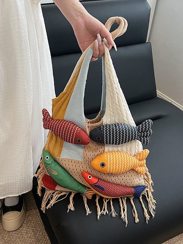 Bag Tote Bag Large Capacity Retro Tassel Splicing Design Literary Versatile Wool Knitted Bag Single Shoulder Bag