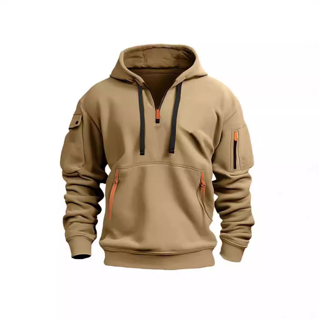 Men's Sports And Leisure Sweatshirt Hooded Pullover Zipper Multi-Flap Pocket Pants Men's Sweatshirt Jacket