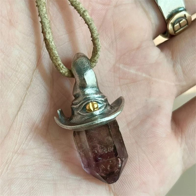 Retro Natural Amethyst Hexagonal Column Witch Hat Pendant Niche Unique Simple Pendant