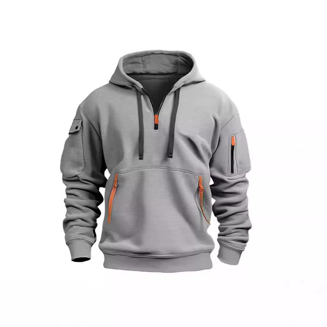 Men's Sports And Leisure Sweatshirt Hooded Pullover Zipper Multi-Flap Pocket Pants Men's Sweatshirt Jacket