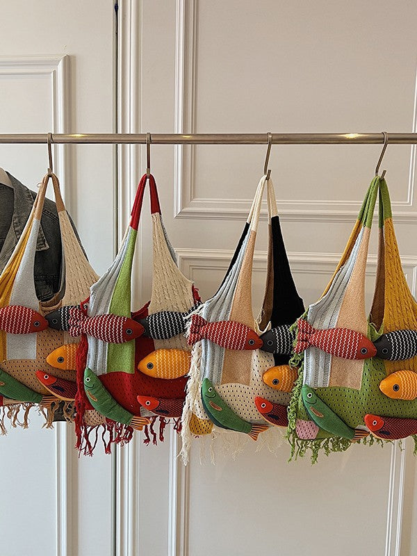 Bag Tote Bag Large Capacity Retro Tassel Splicing Design Literary Versatile Wool Knitted Bag Single Shoulder Bag