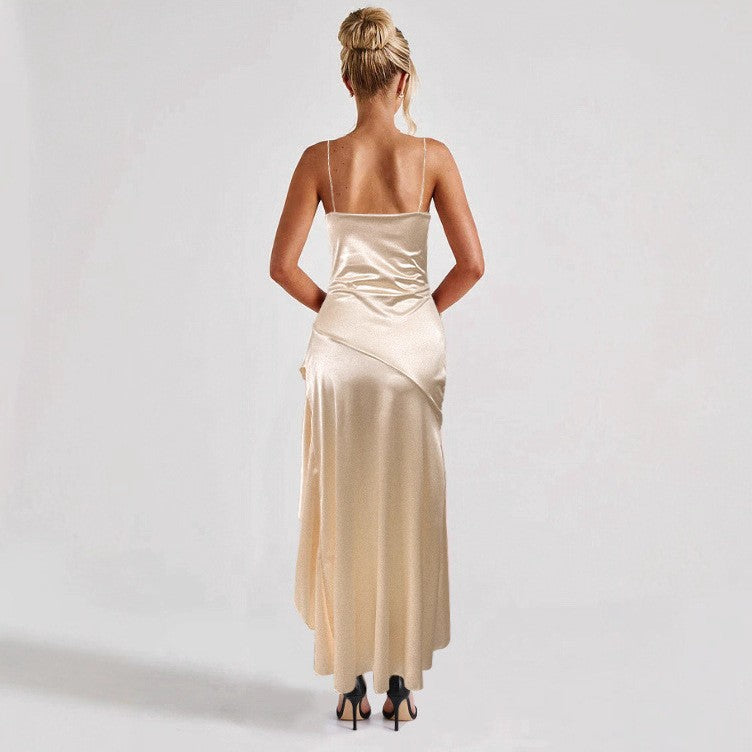 Women's Slim-Fit Backless Slip Dress – Elegant Solid Colour Midi Dress