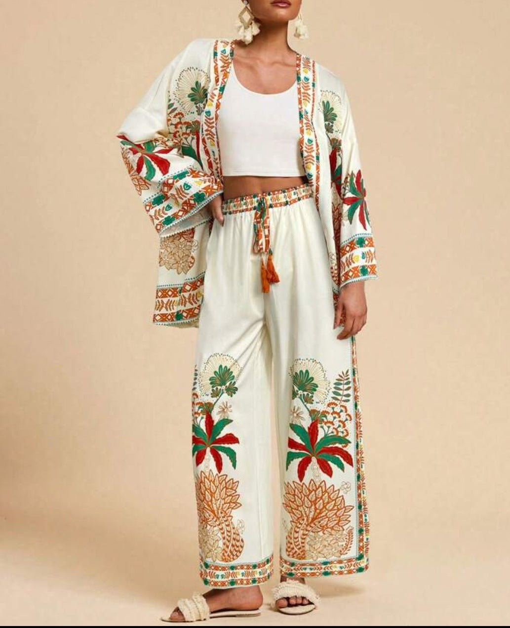 Women's Floral Print Cardigan & Wide-Leg Pants Set – Long Sleeve Vacation Two-Piece