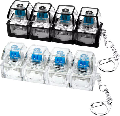 لوحة مفاتيح ميكانيكية بأربعة مفاتيح، مزودة بإضاءة كريستالية شفافة، وغطاء مفاتيح مضاد للضغط لتخفيف الضغط على الأصابع، وقلادة للحقيبة المدرسية، وسلسلة مفاتيح، وأداة لتخفيف التوتر، وجهاز نقر، هدية.