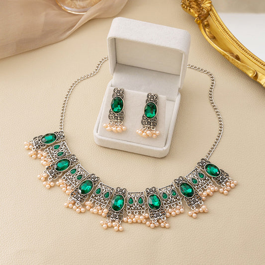 Vintage Emerald Earrings Ethnic Style Square Tassel Bead Pendant Jewelry Suit | Prime Care