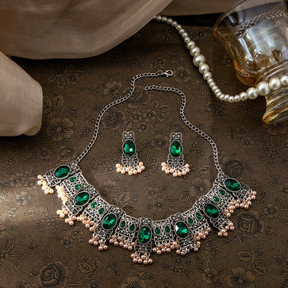 Vintage Emerald Earrings Ethnic Style Square Tassel Bead Pendant Jewelry Suit | Prime Care