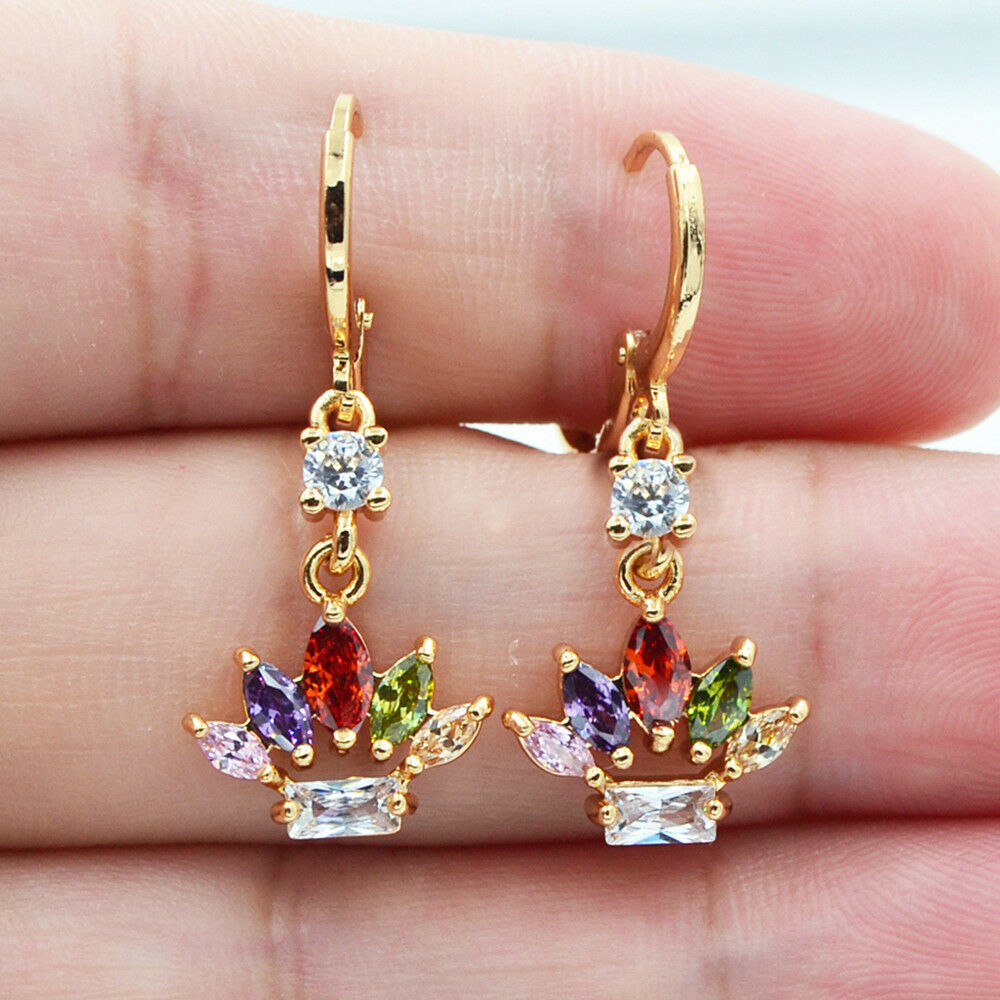 18k Gold-plated Crown Earrings With Colored Gemstones - Elegant Jewelry | Prime Care