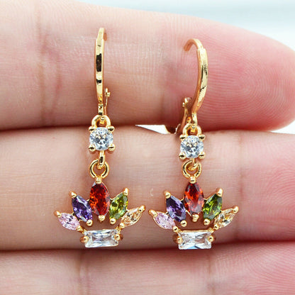 18k Gold-plated Crown Earrings With Colored Gemstones - Elegant Jewelry | Prime Care