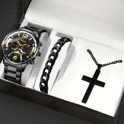 Men's Bracelet Cross Necklace And Watch Set - 3-Piece Jewelry Gift Set | Prime Care