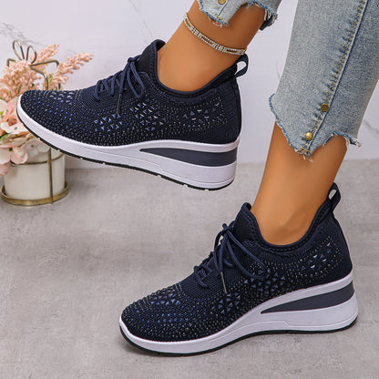 Rhinestone Wedge Sneakers for Women - Fashion Lace Up Platform Shoes | Prime Care