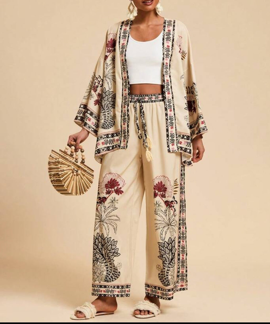 Women's Floral Print Cardigan & Wide-Leg Pants Set – Long Sleeve Vacation Two-Piece