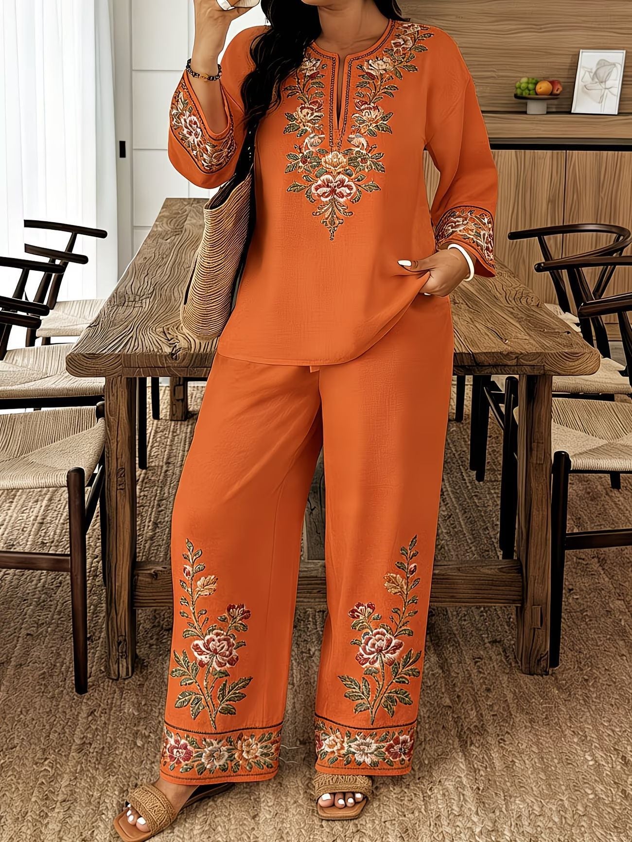 Women's 3D Floral Print Bohemian Two-Piece Set – Long Sleeve Top & Cropped Trousers