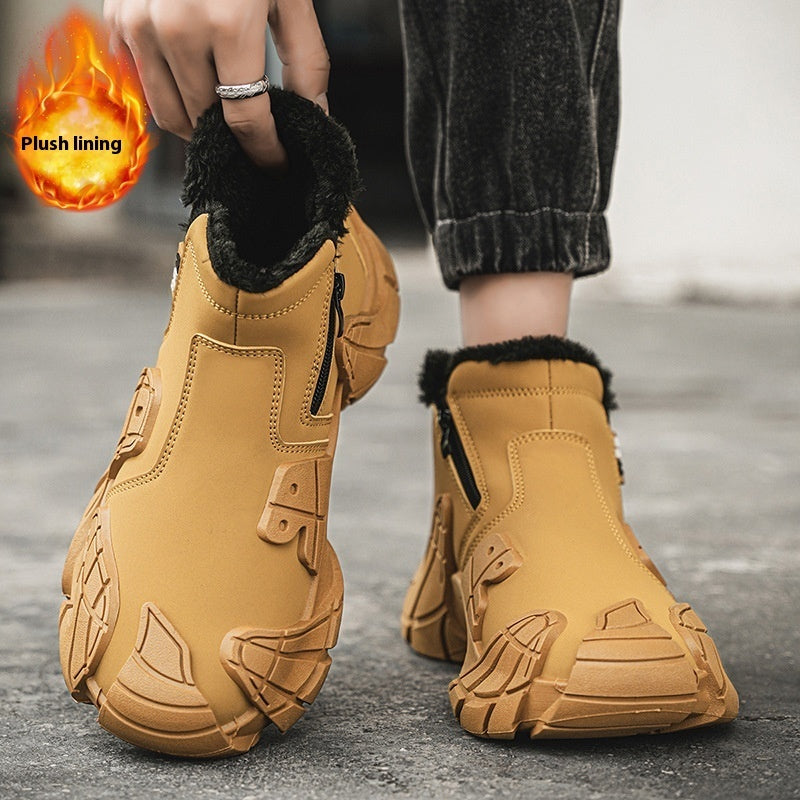 Men's Fleece-Lined Martin Boots – Solid Colour Tooling Side Zip High-Top