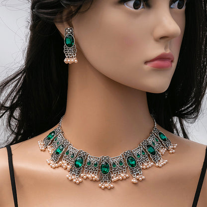 Vintage Emerald Earrings Ethnic Style Square Tassel Bead Pendant Jewelry Suit | Prime Care